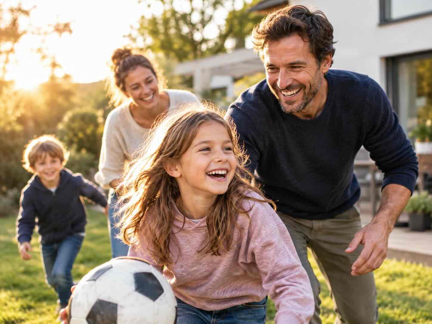 Familie beim gemeinsamen Fußballspielen – Versicherungsberatung für Familien